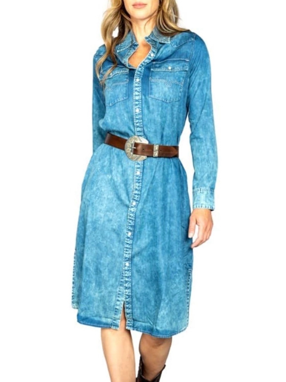 Kimes Ranch Light Blue Denim Pearl Snap Shirt Dress Women Size XL